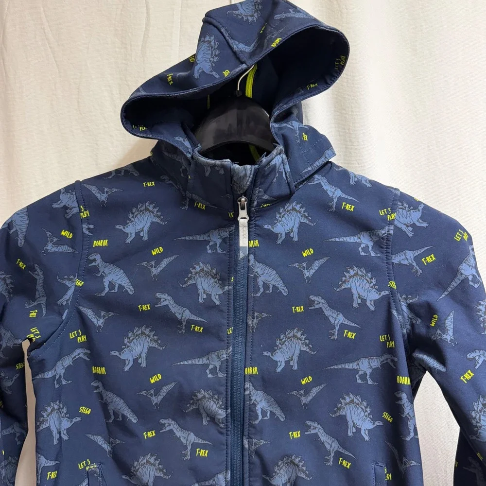 HM Kids Navy Dinosaur Softshell Jacket Detachable Hood Fleece Lined Size 7Y